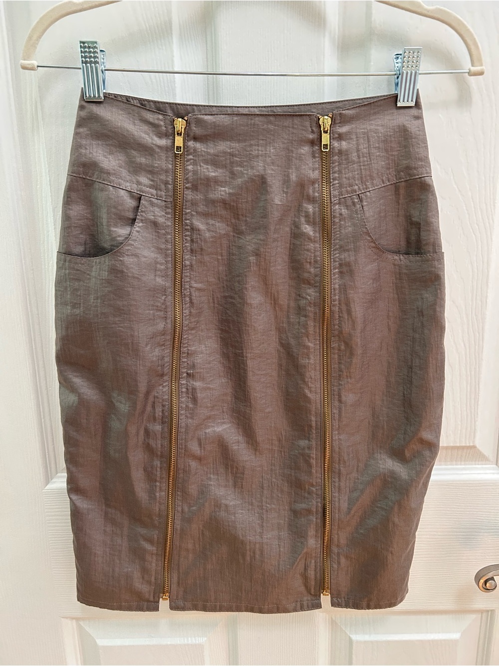 Loeffler Randall Metallic Pencil Skirt with Dual Gold Zippers